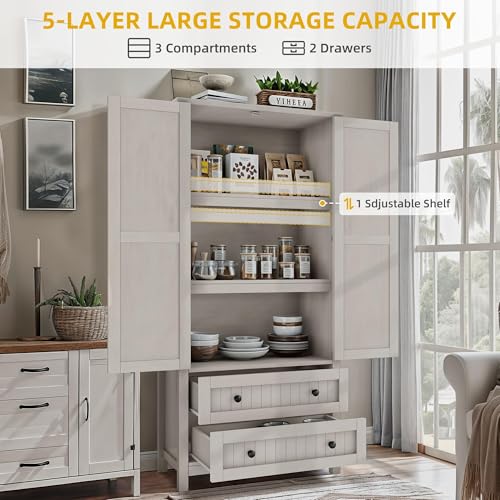 DWVO-Farmhouse-Kitchen-Pantry-Cabinet-645-Tall-Storage-Cabinet-with-2-Drawers-and-Adjustable-Shelves-Versatile-Storage-for-Living-Room-Dining-Room-or-Hallway-White DWVO Farmhouse Kitchen Pantry Cabinet 645 Tall Storage Cabinet with 2 Drawers and Adjustable Shelves Versatile Storage for Living Room Dining Room or Hallway White
