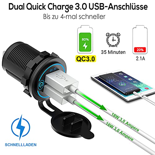 Motorrad USB Steckdose mit 36W Quick Charge 3.0 für 12V/24V Fahrzeuge