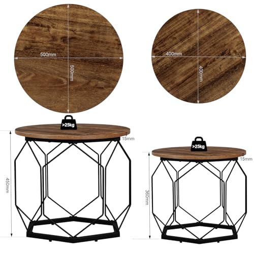 WOLTU Set of 2 Coffee Tables, Living Room Side Tables with Round Tabletop, Hollow Metal Frame, Vintage Wooden Shelves, BTS05hov - Image 3