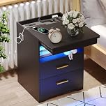 FREDEES Bedside Table with Hidden Drawer, Bedside Cabinet with Charging Station, LED Nightstand with 3 Color Lights, Human Sensor Design End Side Table, Black