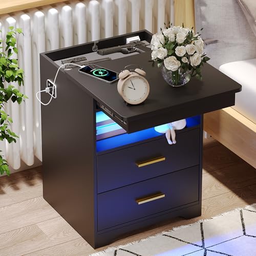 FREDEES Bedside Table with Hidden Drawer, Bedside Cabinet with Charging Station, LED Nightstand with 3 Color Lights, Human Sensor Design End Side Table, Black