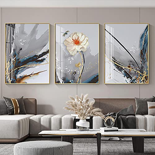 Peinture sur toile abstraite de luxe fleurs blanches détails dorés