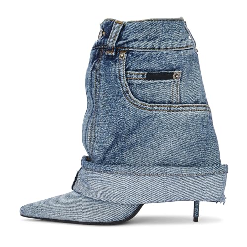 MAVMAX Women Denim Ankle Boots Pointed Toe Jeans Cowgirl Boots Metal Button Pull On High Heel Stiletto Short Cowboy Booties4
