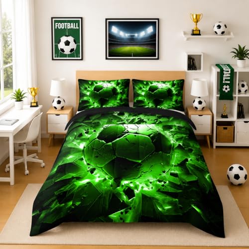 Image of Nttopship Soccer Bedding Comforter Set Queen Size for Kids Teens and Adults, Black and Green Football Printed Bedding Sets 3 PCS,Ball Sports Themed Bedroom Decor with 1 Comforter and 2 Pillowcases