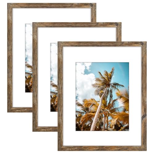 Image of Frametory, 16x20 Picture Frame With Mat for 11x14 Picture - High Definition Glass Wide Molding - Preinstalled Wall Mounting Hardware (Rustic Brown, 3 Pack)