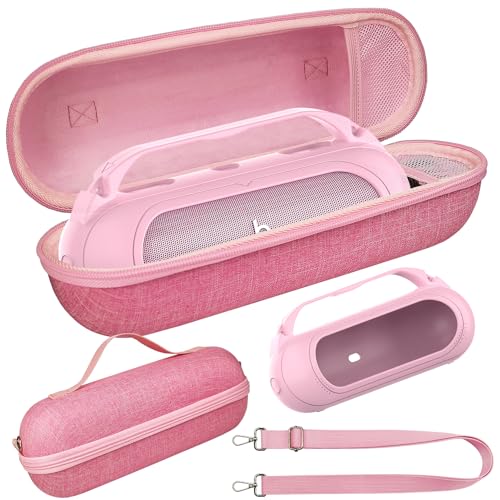 RAWECUD Protective Case for Beats Pill Speaker Silicone Cover and Hard Carrying Case for Beats Pill Bluetooth Speaker Accessories with Shoulder Strap (Pink)