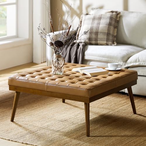 HULALA HOME Genuine Leather Square Coffee Table, Button Tufted Up...
