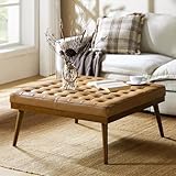 HULALA HOME Genuine Leather Square Coffee Table, Button Tufted Upholstered Ottoman Coffee Table with Solid Wooden Flared Legs, Mid-Century Modern Extra Seating for Living Room, Camel