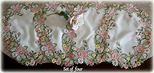 Galleria di Giovanni Embroidered Pink Rose Place Mats (Set of 4, 17x11 inch) Doilies Floral Daisy
