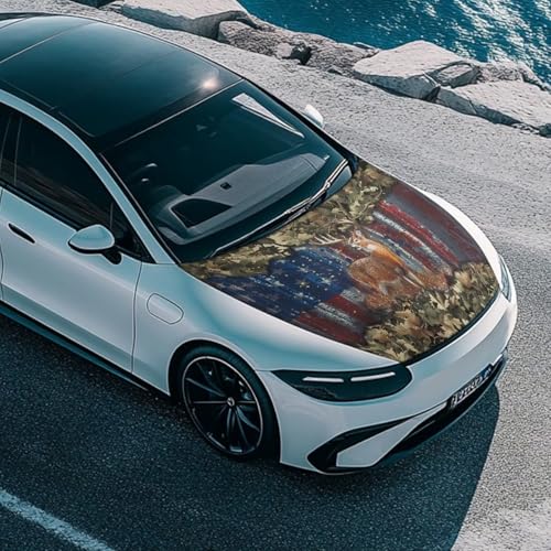 Image of 59x39 Inch Hood Cover for Compact Cars SUV Sedans Trucks, Waterproof Stretchable Car Hood Wraps Deer American Flag Print Auto Banner Auto Dcorative Accessories