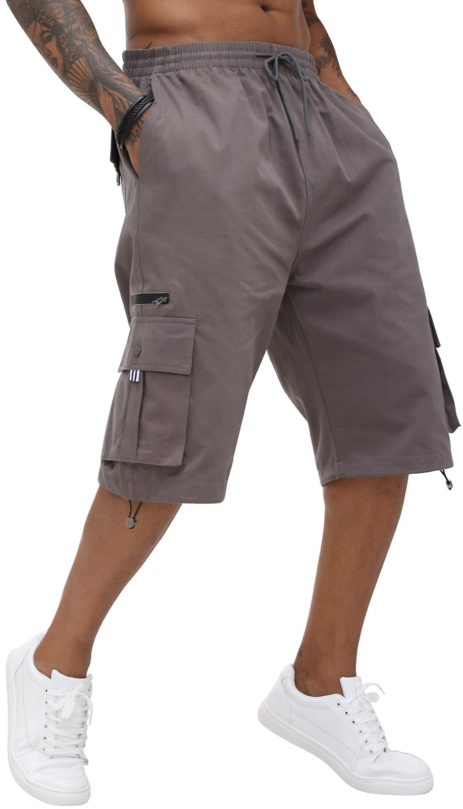 Cargo-Shorts für Herren, Baumwolle, elastischer Bund, Caprihose, knielang, mit mehreren Taschen