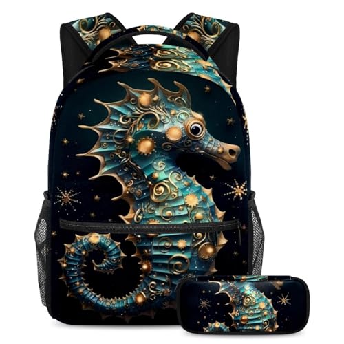 Sac à dos hippocampe rétro bleu baroque grand format avec trousse scolaire pour garçons et filles