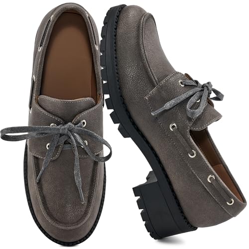 Image of Ablanczoom Platform Oxford Shoes for Women : Lace Up Women's Platform Chunky Loafers with Lug Sole Dress Shoes for Work Business Taupe