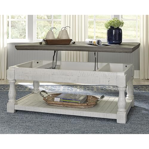 Signature Design by Ashley Havalance Farmhouse Lift Top Coffee Table with Fixed Shelf and 2 Hidden Storage Trays, Gray & White with Weathered Finish - Image 6