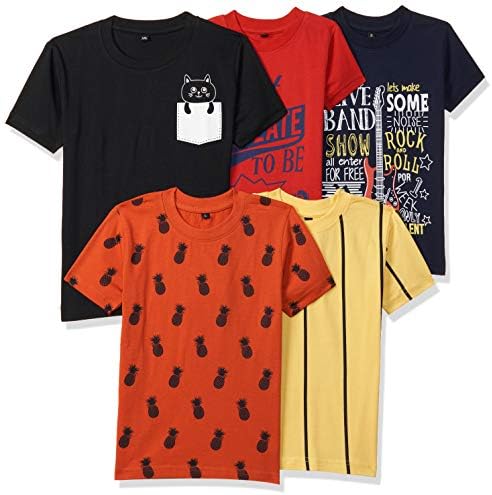 T2F Boys Cotton Regular fit T-Shirts Pack of 5 |Soft Cotton Breathable Fabric | Half Sleeve Round Neck | Casual Wear Combo | Kids Clothing