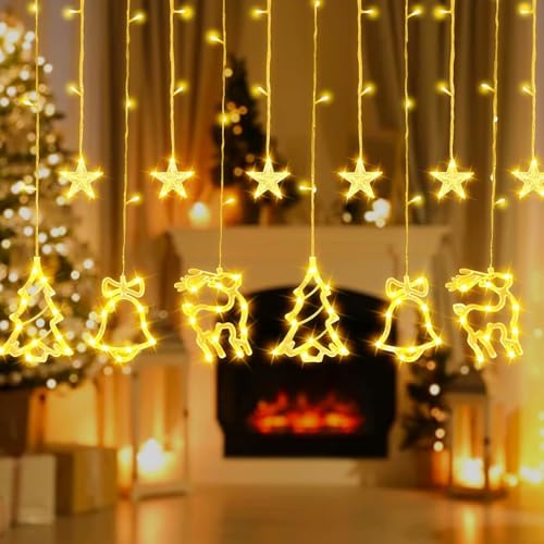 Image of Gigawatts Fairy Curtain String Light with Star Deer Tree Hanging 138 LEDs 2.5m Indoor & Outdoor Decoration Use Lights for Festival Christmas Wedding and Party (Pack of 1, Yellow)