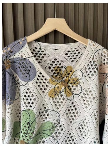 GORGLITTER Women's Hollow Out Floral Crochet Sweater V Neck 3/4 Sleeve Boho Summmer Knitwear Tops Apricot# 02 X-Large3