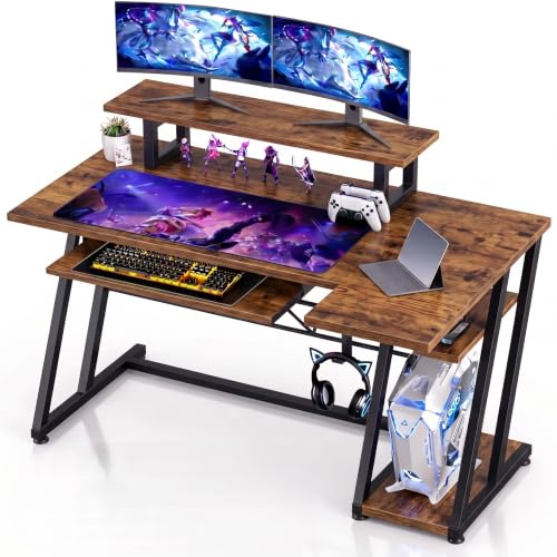 Image of Gaming Desk with Monitor Stand | Computer Table for Home & Office | Ergonomic Study Table with Keyboard Tray CPU Stand & Headphone Hook (Brown) |120x60x90 cm