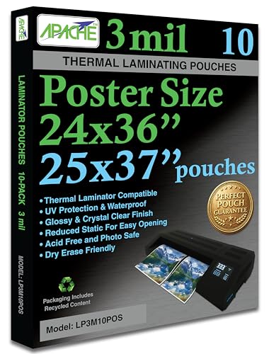 Image of Apache Poster Size Laminating Pouches, 3 Mil, 10 Pack, Holds 24 x 36 Inch Projects (25 x 37 Inch Pouch Size), Thermal Laminator Compatible Laminating Sheets, Super Clear, Round Corners