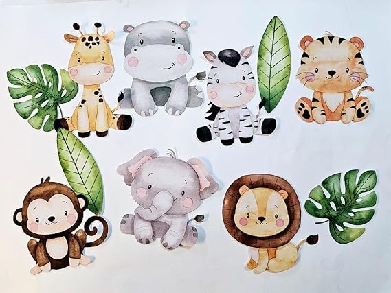 Safari/Jungle/Wild Animals Theme Printed Cut Outs for Bunting/Garland/Dangler/Swirls for Birthday/Kids Room Decoration (Set of 11)