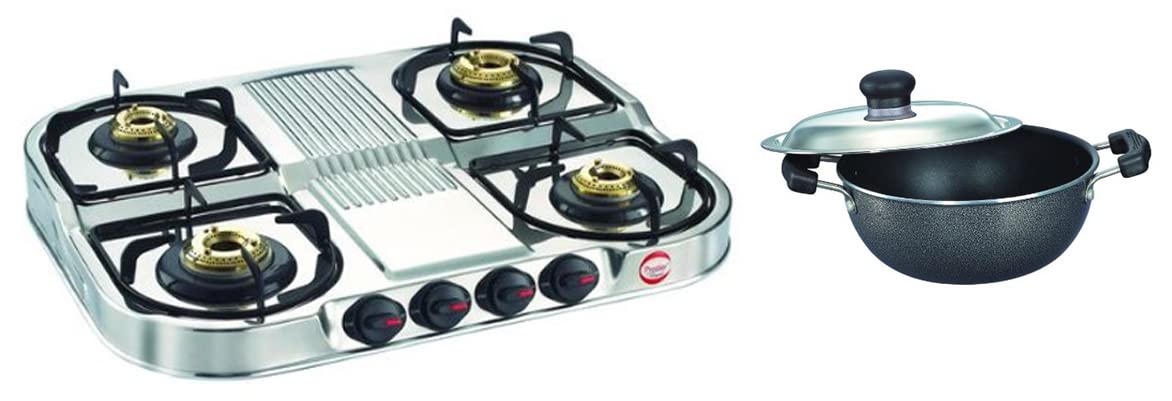 Prestige Stainless Steel 4 Burner Gas Stove, Silver & Omega Select Plus Non-Stick Flat Base Kadai with Lid, 20cm, 2.2 litres, Black Combo (B085GQ9TP9) Amazon Price History, Amazon Price Tracker