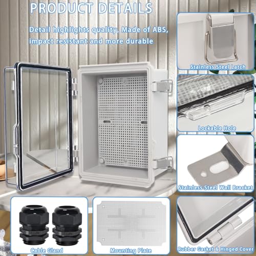 Image of Zulkit Junction Box IP67 Waterproof Electrical Box Hinged Clear Cover Stainless Steel Latch Plastic Enclosure for Project w Mounting Plate Wall Bracket and 2 Cable Gland 8.7 inchx6.7 inchx4.3 inch /220x170x110mm
