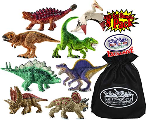 Schleich Mini Dino (Dinosaur) Figures T-Rex, Velociraptor, Stegosaurus, Spinosaurus, Triceratops, Quetzalcoatlus, Saichania & Pentaceratops Gift Set Bundle with Matty's Toy Stop Storage Bag - 8 Pack