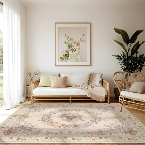 Teppich Wohnzimmer Waschbarer, Blumen Kurzflor Teppich Großer, Weicher Vintage Schlafzimmer Teppiche Waschbar Rutschfest & Pflegeleicht Design für Esszimmer Büro Bereich Dekor Beige Größe 140x200cm Teppich Wohnzimmer Waschbarer, Blumen Kurzflor Teppich Großer, Weicher Vintage Schlafzimmer Teppiche Waschbar Rutschfest & Pflegeleicht Design für Esszimmer Büro Bereich Dekor Beige Größe 140x200cm