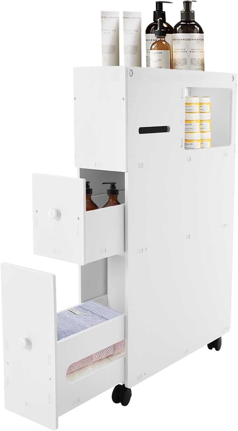 Slim Bathroom Storage Cabinet with Wheels, Narrow Floor Organizer for Toilet Side, PVC Space-Saving Shelf with Drawers, 20.47x6.38x29.53 Inches Toilet Paper Holder