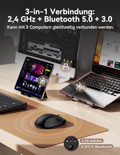 TECKNET Bluetooth Maus, Maus Kabellos (Tri-Modus: BT 5.0/3.0+2.4G) 4800 DPI Leise Mouse, Funkmaus mit USB-A Empfänger, 6 Tasten, Ergonomische Tragbare Mouse für PC/Laptop/Mac/Tablet, Schwarz – Bild 3