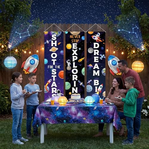 Image of Chiisong 3 Pcs Outer Space Party Decorations Banners Galaxy Vbs Astronaut Porch Signs Never Stop Exploring Back to School Welcome Motivational Hanging Flags Classroom Photo Props Backdrop Supplies