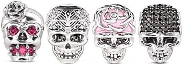 GNOCE [4 Pack] Adorable Skull Charm Set Sterling Silver Combination Charm Bead with Cubic Zirconia Fit Bracelet/Necklace Halloween Jewelry Gift for Women Mens