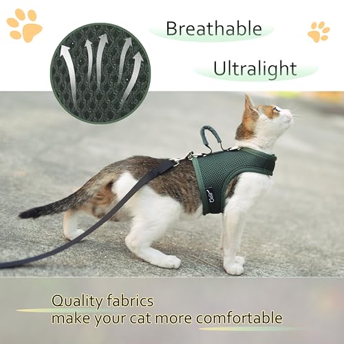 Image of Kitty Harness and Leash for Walking Escape Proof Breathable Mesh Fabric, Solid Green, Small, Adjustable Cat Walking Jackets with Handle, Padded Stylish Cat Vest