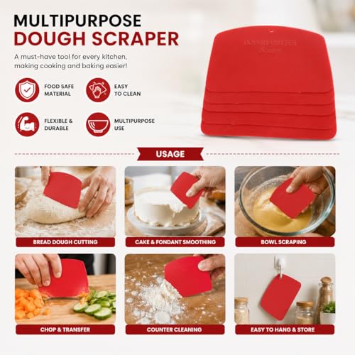 Image of Dough Scraper Bowl Scraper,Food Safe Plastic Stainless Steel Dough Cutter | Flexible Plastic Scraper Multipurpose Food Scrappers for Bread Dough Cutting,Cake Fondant Icing (Pack of 5)