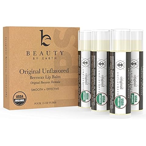 Lip Balm Organic (Original Unflavored) 4 Tube Pack ; Pure and Natural Beeswax Lip Butter with Aloe Vera, Vitamin E for a Clear Gloss; Moisturize, Repair Dry, Cracked or Chapped Lips, Made in USA Cover
