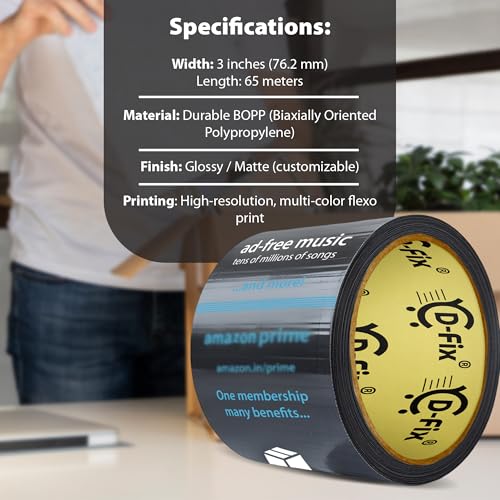 Image of D-fix 4 Roll, Per Pack- Self-Adhesive Amazon Printed Prime Packing Cello Tape - 65 Meters in Length - 72mm /3inch Width, BOPP Industrial Packaging Tape for E-Commerce Box Packing