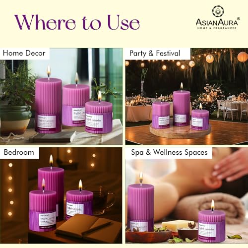Image of ASIAN AURA Ribbed Pillar Candles - Pack of 3 | Scented Candles for Home Decor, Gifting & Festive Use | Long Burn time up to 36hrs | Clean-Burning Wax & Smokeless Flame (Lavender)