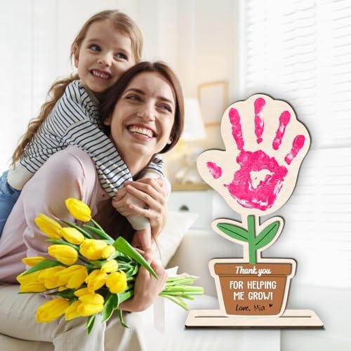 DIY Mothers Day Handprint Flower Pot Craft Wooden Hanging Sign, Baby's First Mothers Day Flower Handprint Keepsake Gift, Unique Gifts for 1st New Mom Crafts from Kids Foot Prints for Grandma Mom Mommy — view 4