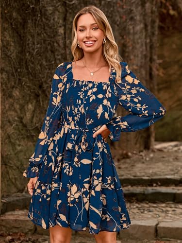 Simplee Womens Boho Long Sleeve Mini Dress Floral Square Neck Smocked A-Line Flowy Short Fall Wedding Guest Dresses3