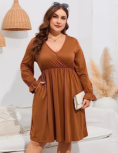 Image of ShopWonder Plus Size Dress Women's V Neck A-Line Knee Length Wrap Swing Dresses Plus Size A Line Party Mini Dress