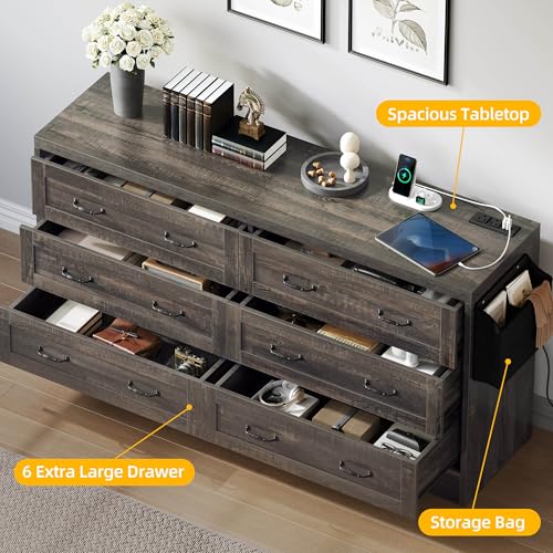 DWVO Farmhouse 6 Drawer Dresser for Bedroom, 31.5 Inch Tall Modern Dresser TV Stand with Large Drawers & Bar Handles, Storage Dressers with Power Outlets, Rustic Wood Chest of Drawers, Dark Rustic Oak