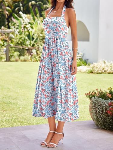 Image of YIOYOLA Women Sleeveless Halter Sleeveless Drop Waist Corset Midi Dress Swing Flowy Beach Sundresses with Pockets