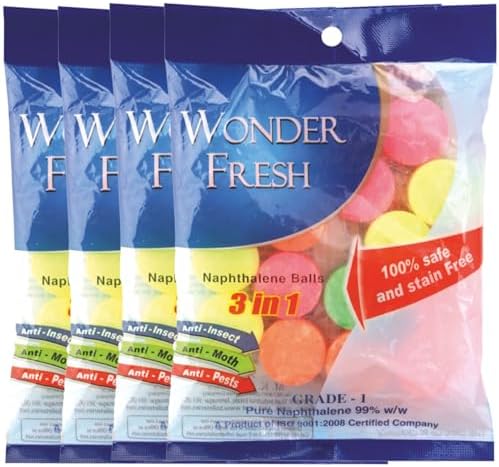 Naphthalene Balls | Phenyl Goli | 400 Grams | 100 Gms X 4 Packs | Toilets, Bookselves, Drawers, (Pack Of 4) Multicolor