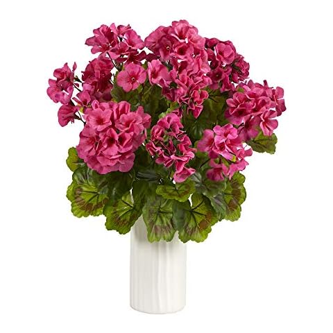 Nearly Natural 18in Geranium Plant in White Planter Cover