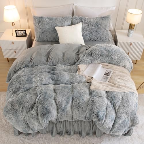 Andency Faux Fur Tie-Dyed Grey White Comforter Set Full Size, 3 Pieces Fluffy Fuzzy Plush Bedding Comforter Set (1 Shaggy Velvet Comforter & 2 Pillowcases), Soft Puffy Down Comforter Bedding Set