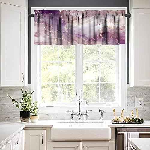 Image of Pink Marble Window Valance Curtain, Purple Maroon Gold Veins Unique Ombre Abstract Modern Luxury Ink Texture Window Valances Treatments for Kitchen Living Room Cafe Decor 54'x18', 1 Panel