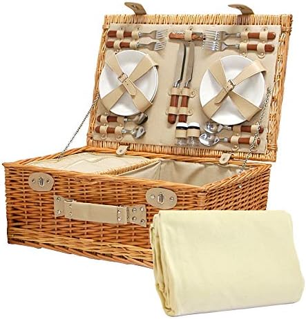 4 Person Fitted Wicker Picnic Basket with Cream Fleece Blanket and Accessories, Sutton Range - Gift ideas for Christmas, Mum, Mothers Day, Christmas, Birthday, Anniversary, Wedding, him, her, Congratulations presents