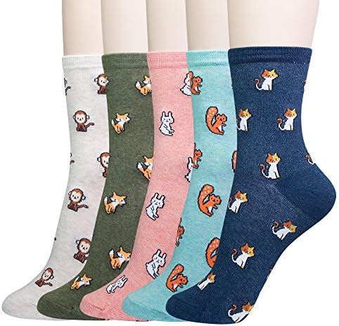 KONY Women's Girls Casual Funny Novelty Crew Socks Cute Animal Cat Rabbit Squirrel Pattern - Gifts for Animals Lovers (Mini Animals - 5 Pairs)