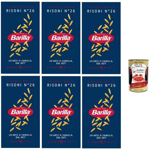 Barilla Risoni N.26 – 6×500 g Suppenpasta aus Hartweizengrieß, reisförmig für Brühen & Minestrone, al dente in 10 Min., hergestellt in Italien + Italian Gourmet polpa