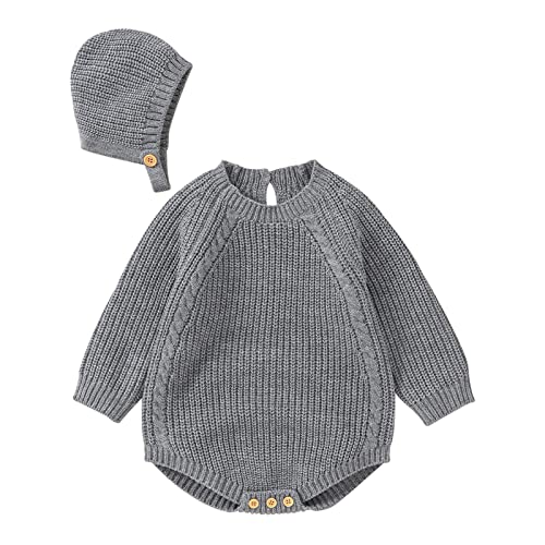 Toddler Pullover Sweater Newborn Infant Baby Solid Knit Romper Cotton Long Sleeve Boy Girl Fall Winter Bodysuit Hat